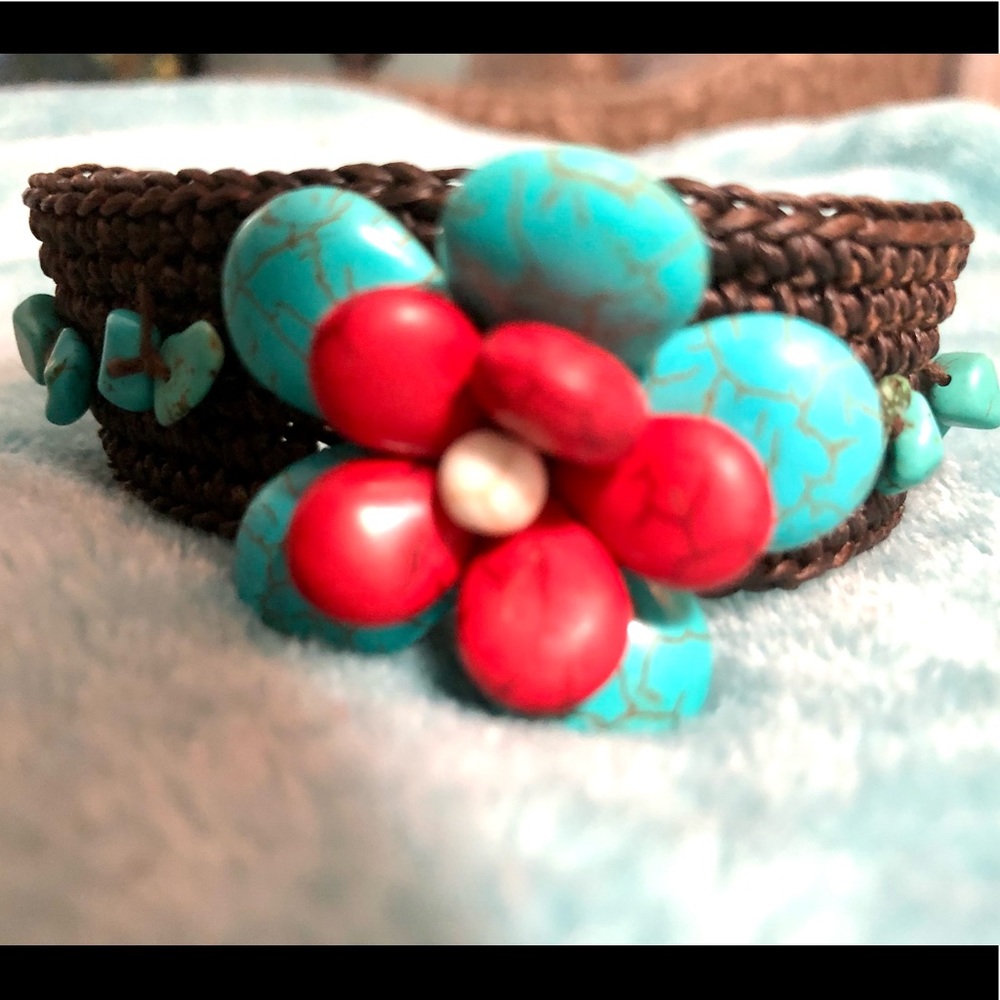 Handmade thread brown bracelet with gorgeous beaded flower in blue & red